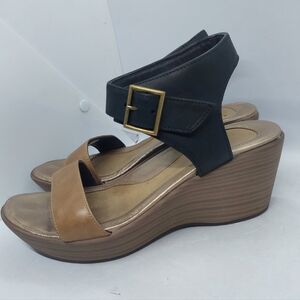 Naot Caprice Wedge Sandals Black Tan Leather Buckle Women's Size 38 US 7-7.5